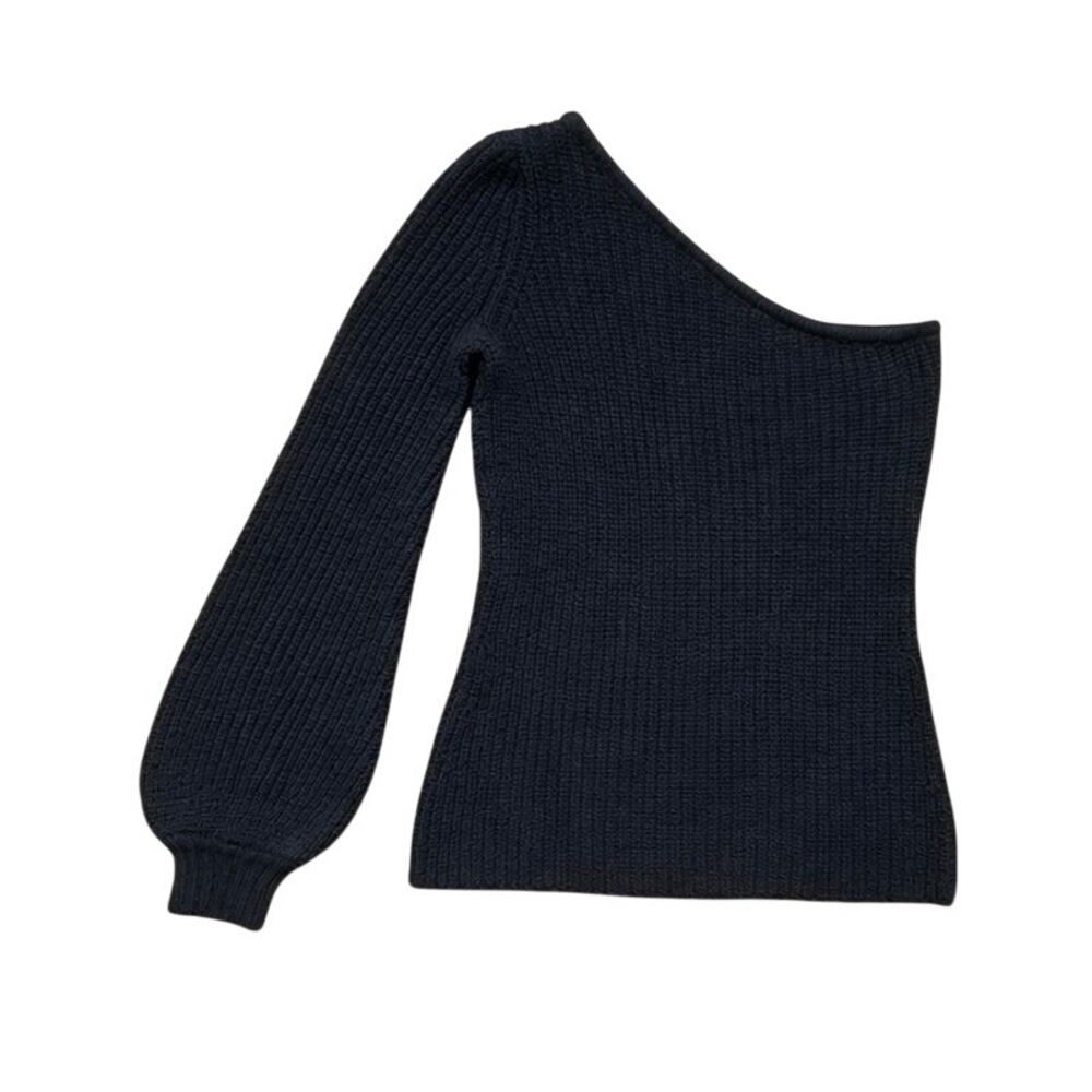 Aqua Asymmetrical One-Shoulder Rib-Knit Balloon Sleeve Black Sweater Size XS